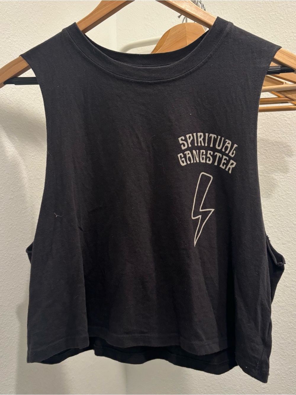 Spiritual Gangster Black Cropped Muscle Tank with White Lightning Graphic